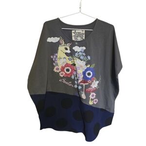 Whimsical Deer & Floral Graphic Tunic in Gray & Navy